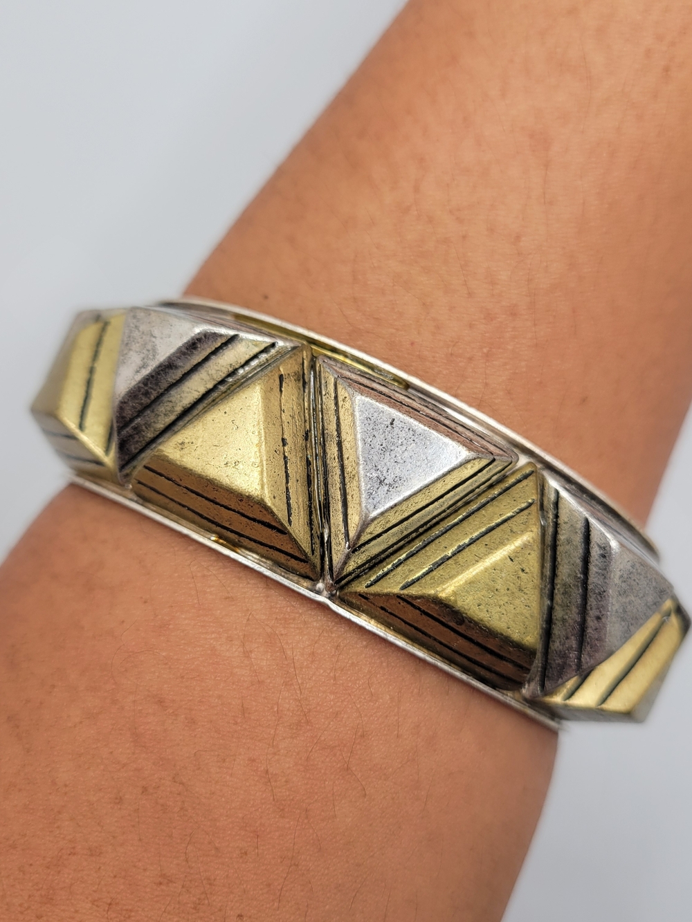 Two-Tone Pyramid Accent Bangle Bracelet - Gold & Silver Size 7